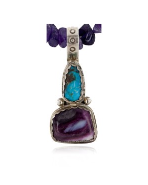 .925 Sterling Silver Handmade Certified Authentic Navajo Natural Turquoise Spiny Oyster Amethyst Native American Necklace 15909-15909-1