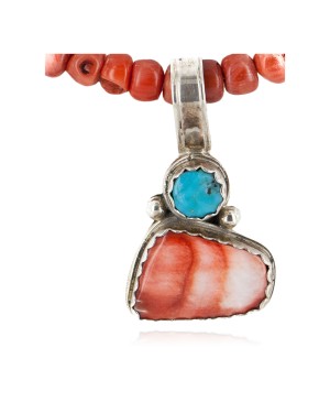 .925 Sterling Silver Handmade Certified Authentic Navajo Natural Turquoise Spiny Oyster Coral Native American Necklace 15926-25276
