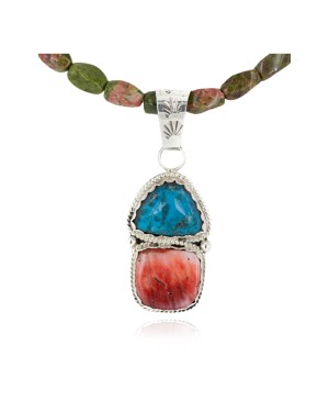 .925 Sterling Silver Handmade Certified Authentic Navajo Natural Turquoise Spiny Oyster Jasper Native American Necklace 24415-2-16047-8