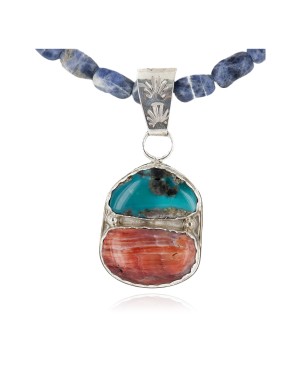 .925 Sterling Silver Handmade Certified Authentic Navajo Natural Turquoise Spiny Oyster Lapis Native American Necklace 24411-2-16047-2