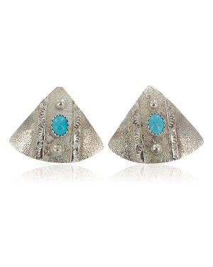.925 Sterling Silver Handmade Certified Authentic Navajo Natural Turquoise Stud Native American Earrings 24439-10