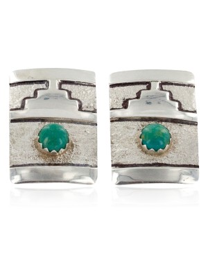 .925 Sterling Silver Handmade Certified Authentic Navajo Natural Turquoise Stud Native American Earrings 24439-8