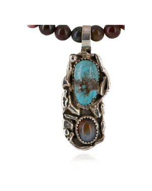 .925 Sterling Silver Handmade Certified Authentic Navajo Robert Littel Natural Turquoise Agate Native American Necklace 15939-2-16028-12