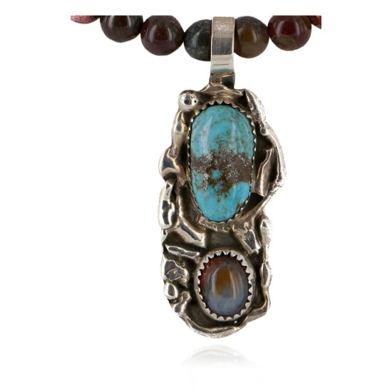 .925 Sterling Silver Handmade Certified Authentic Navajo Robert Littel Natural Turquoise Agate Native American Necklace 15939-2-16028-12