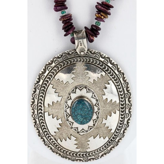 .925 Sterling Silver Handmade Certified Authentic Navajo Turquoise Purple Spiny Oyster Native American Necklace 390829391592
