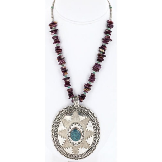 .925 Sterling Silver Handmade Certified Authentic Navajo Turquoise Purple Spiny Oyster Native American Necklace 390829391592