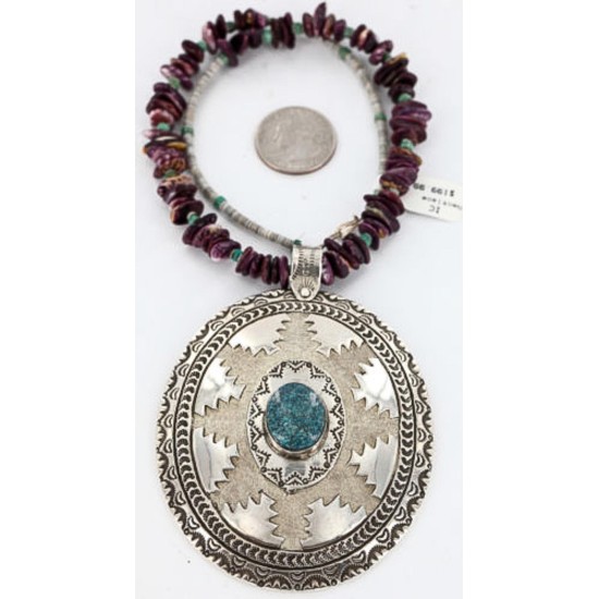 .925 Sterling Silver Handmade Certified Authentic Navajo Turquoise Purple Spiny Oyster Native American Necklace 390829391592