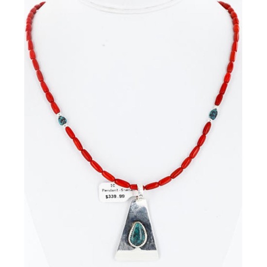 .925 Sterling Silver Handmade Certified Authentic Navajo SPIDER WEB Turquoise and CORAL Native American Necklace 371058533600