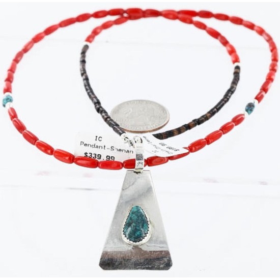 .925 Sterling Silver Handmade Certified Authentic Navajo SPIDER WEB Turquoise and CORAL Native American Necklace 371058533600