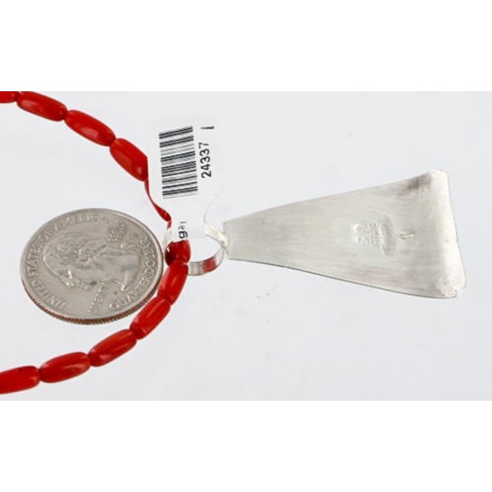.925 Sterling Silver Handmade Certified Authentic Navajo SPIDER WEB Turquoise and CORAL Native American Necklace 371058533600