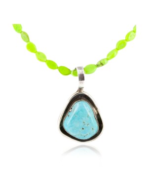 .925 Sterling Silver Handmade Certified Authentic Navajo Turquoise Gaspeite Native American Necklace 14517-9-15771