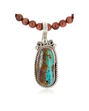 .925 Sterling Silver Handmade Certified Authentic Navajo Turquoise Goldstone Native American Necklace 24396-1-16083-6