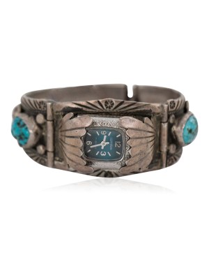 .925 Sterling Silver Handmade Certified Authentic Signed Navajo Natural Turquoise Coral Native American Watchband 1132