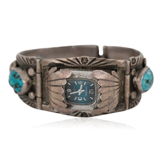 .925 Sterling Silver Handmade Certified Authentic Signed Navajo Natural Turquoise Coral Native American Watchband 1132