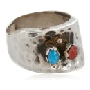 .925 Sterling Silver Handmade Hammered Navajo Natural Turquoise and Spiny Oyster Native American Ring 16287
