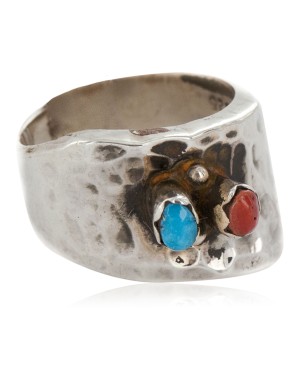 .925 Sterling Silver Handmade Hammered Certified Authentic Navajo Natural Turquoise and Spiny Oyster Native American Ring  16287