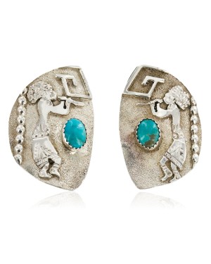 .925 Sterling Silver Handmade KOKOPELI Certified Authentic Navajo Natural Turquoise Stud Native American Earrings 27177-1
