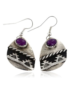 .925 Sterling Silver Handmade Mountain Certified Authentic Navajo Natural Sugilite Native American Dangle Earrings 24439-1