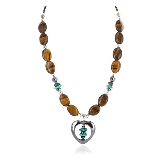 .925 Sterling Silver Heart Certified Authentic Navajo Natural Turquoise Hematite Tigers Eye Heishi Native American Necklace 750224-10