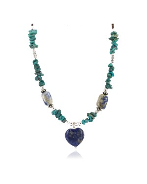 .925 Sterling Silver Heart Certified Authentic Navajo Natural Turquoise Lapis Native American Necklace  750226-2