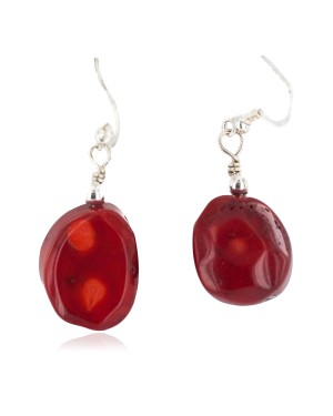 .925 Sterling Silver Hooks Certified Authentic Navajo Coral Native American Dangle Earrings 18254-101