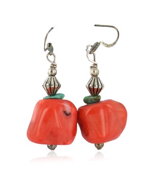 .925 Sterling Silver Hooks Certified Authentic Navajo Coral Native American Dangle Earrings 18284