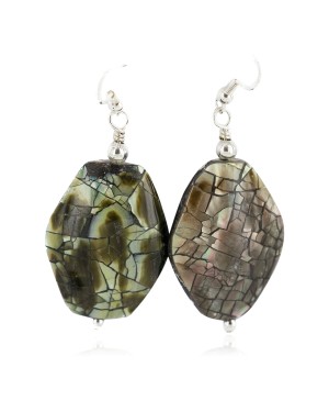 .925 Sterling Silver Hooks Certified Authentic Navajo Natural Abalone Native American Dangle Earrings 18294-19
