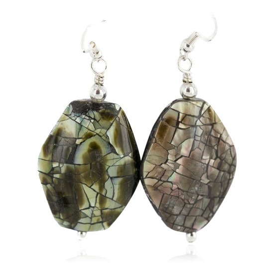 .925 Sterling Silver Hooks Certified Authentic Navajo Natural Abalone Native American Dangle Earrings 18294-19