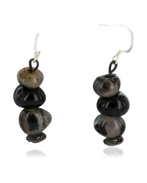 .925 Sterling Silver Hooks Certified Authentic Navajo Natural Agate Native American Dangle Earrings  18296