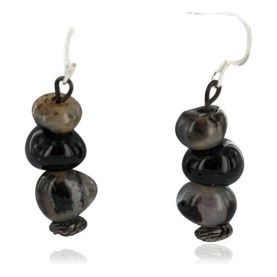 .925 Sterling Silver Hooks Certified Authentic Navajo Natural Agate Native American Dangle Earrings  18296