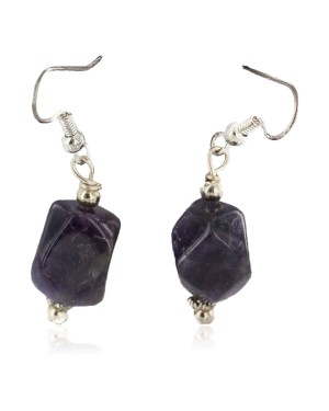 .925 Sterling Silver Hooks Certified Authentic Navajo Natural Amethyst Native American Dangle Earrings 18290-12