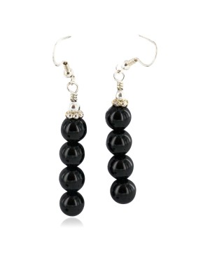 .925 Sterling Silver Hooks Certified Authentic Navajo Natural Black Onyx Native American Earrings 18290-1