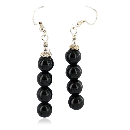 .925 Sterling Silver Hooks Certified Authentic Navajo Natural Black Onyx Native American Earrings 18290-1