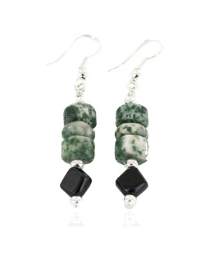 .925 Sterling Silver Hooks Certified Authentic Navajo Natural Green Jasper Black Onyx Native American Earrings 18286-2