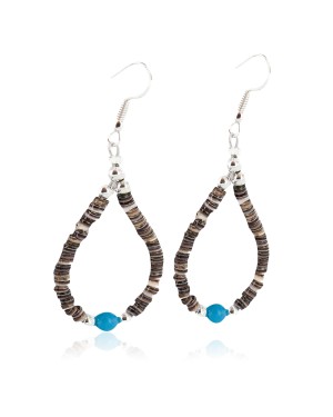 .925 Sterling Silver Hooks Certified Authentic Navajo Natural Heishi Hoop Native American Earrings 18290-10