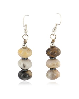 .925 Sterling Silver Hooks Certified Authentic Navajo Natural Hematite Agate Native American Dangle Earrings 18290-14