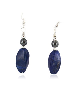 .925 Sterling Silver Hooks Certified Authentic Navajo Natural Lapis Lazuli Native American Earrings 18290-4