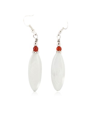 .925 Sterling Silver Hooks Certified Authentic Navajo Natural Mother of Pearl Coral Native American Dangle Earrings 18290-13