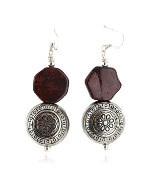 .925 Sterling Silver Hooks Certified Authentic Navajo Natural Red Jasper Native American Dangle Earrings 18254-3