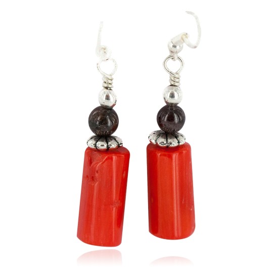 .925 Sterling Silver Hooks Certified Authentic Navajo Natural Tigers Eye Coral Native American Dangle Earrings 18294-7