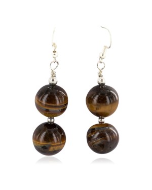 .925 Sterling Silver Hooks Certified Authentic Navajo Natural Tigers Eye Native American Dangle Earrings 18289-5