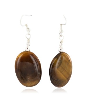 .925 Sterling Silver Hooks Certified Authentic Navajo Natural Tigers Eye Native American Dangle Earrings 18290-9
