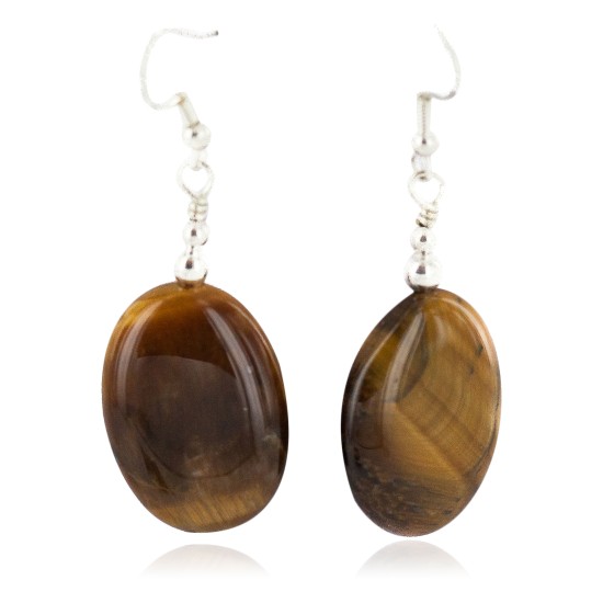 .925 Sterling Silver Hooks Certified Authentic Navajo Natural Tigers Eye Native American Dangle Earrings 18290-9