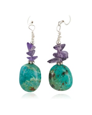 .925 Sterling Silver Hooks Certified Authentic Navajo Natural Turquoise Amethyst Native American Dangle Earrings 18294-21