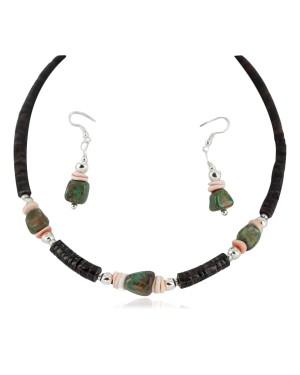 .925 Sterling Silver Hooks Certified Authentic Navajo Natural Turquoise and Graduated Heishi Native American Set 95006-2-97009-2