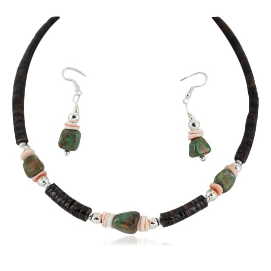 .925 Sterling Silver Hooks Certified Authentic Navajo Natural Turquoise and Graduated Heishi Native American Set 95006-2-97009-2
