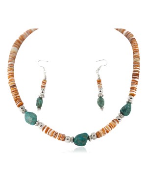 .925 Sterling Silver Hooks Certified Authentic Navajo Natural Turquoise and Graduated Spiny Oyster Native American Set 95006-1-97009-1