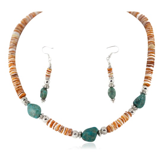 .925 Sterling Silver Hooks Certified Authentic Navajo Natural Turquoise and Graduated Spiny Oyster Native American Set 95006-1-97009-1