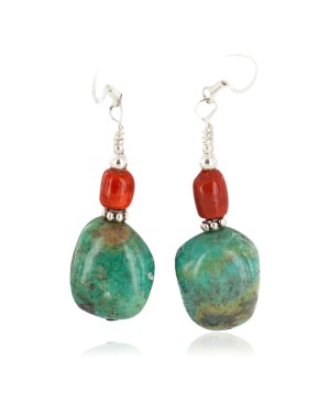 .925 Sterling Silver Hooks Certified Authentic Navajo Natural Turquoise Coral Native American Dangle Earrings 18294-10