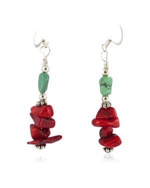 .925 Sterling Silver Hooks Certified Authentic Navajo Natural Turquoise Coral Native American Dangle Earrings 18294-13